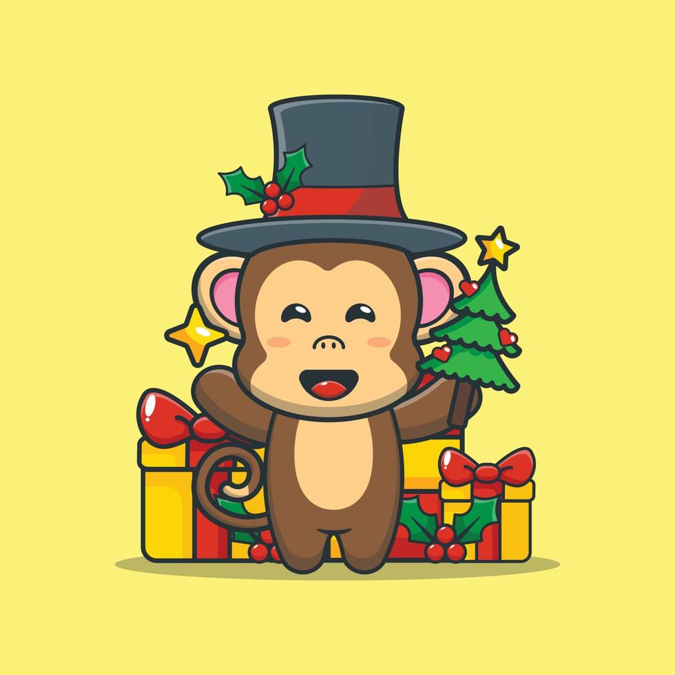 Cute monkey holding star and christmas tree vector