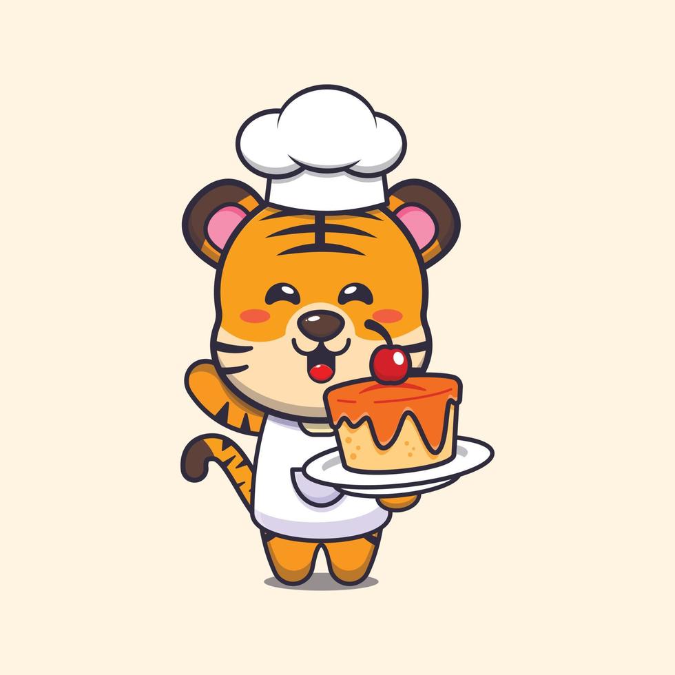 cute tiger chef mascot cartoon character with cake vector