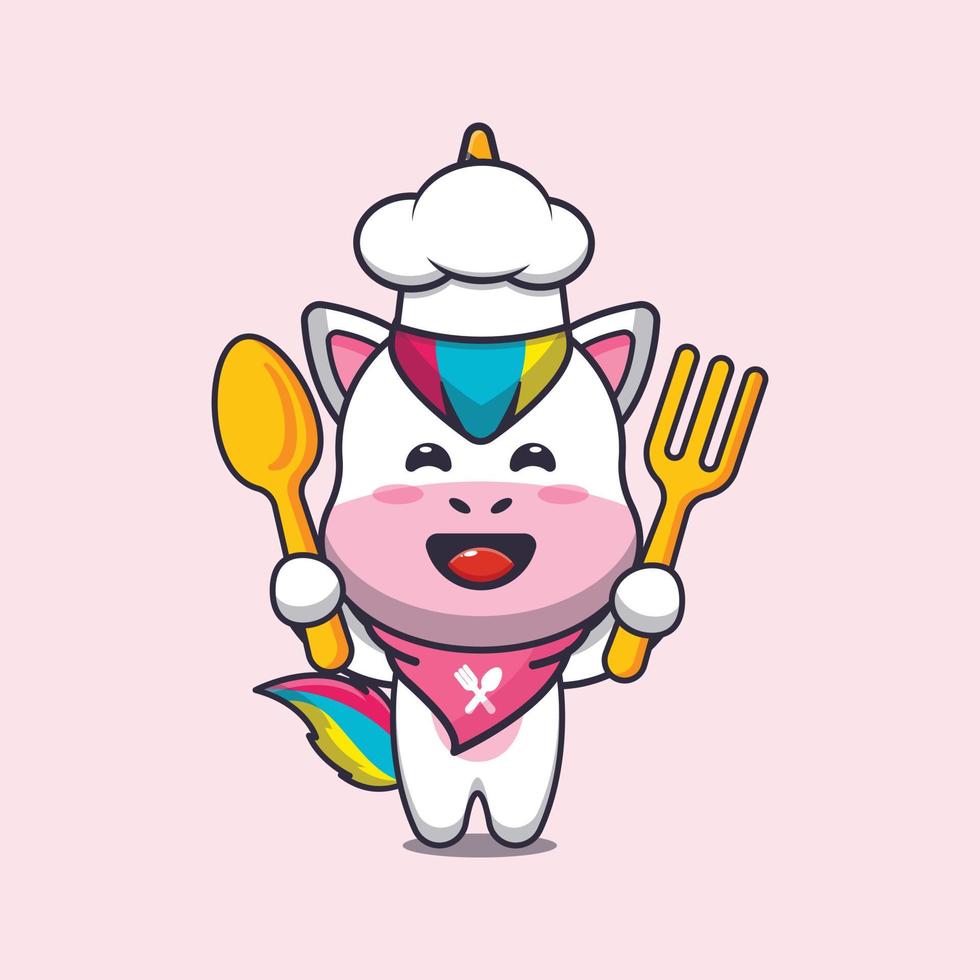 cute unicorn chef mascot cartoon character holding spoon and fork vector