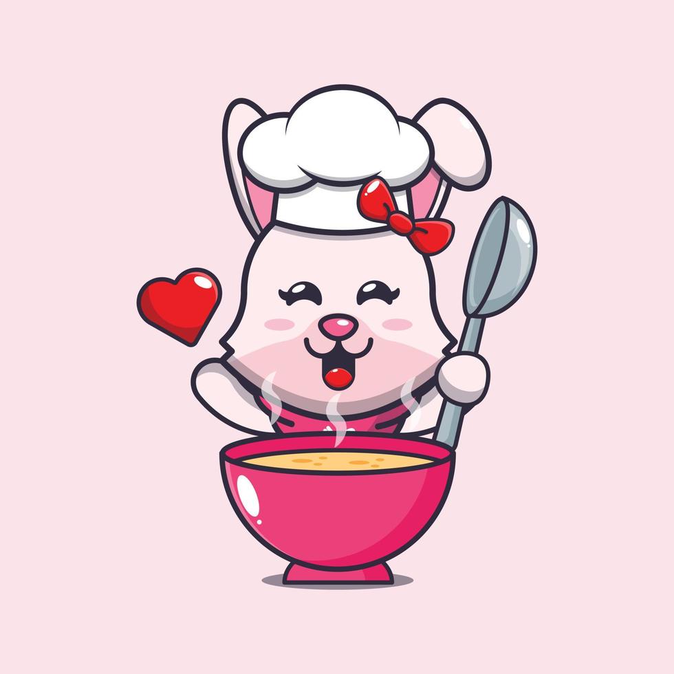 lindo conejito chef mascota personaje de dibujos animados con sopa vector