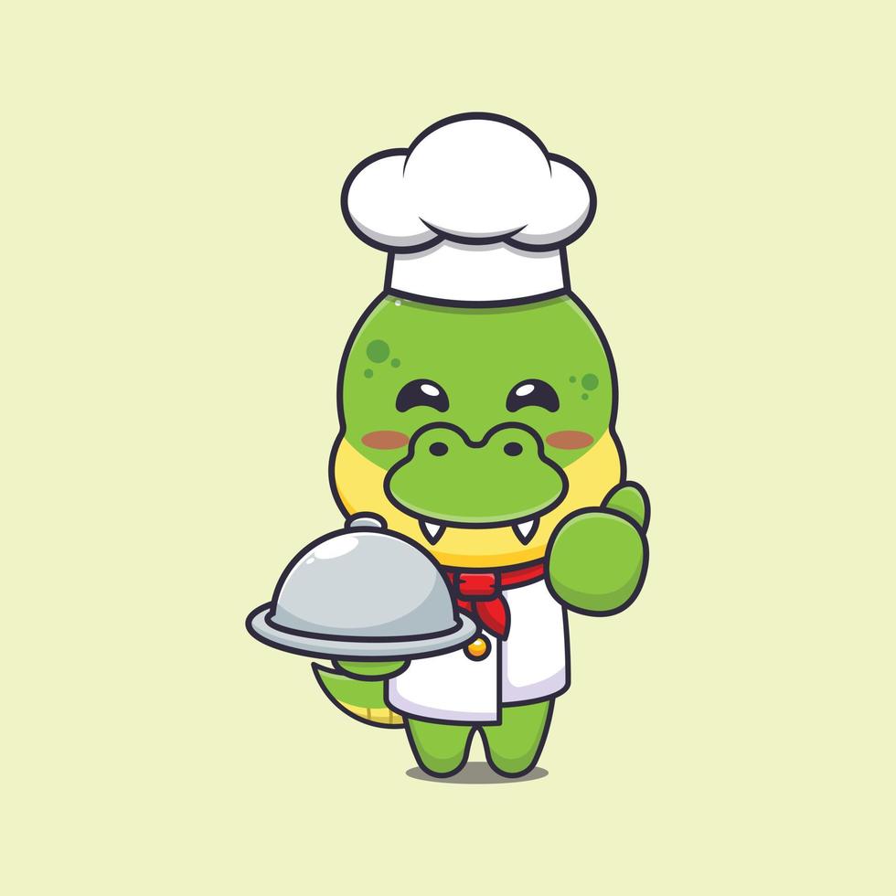 cute dino chef mascot cartoon character with dish vector