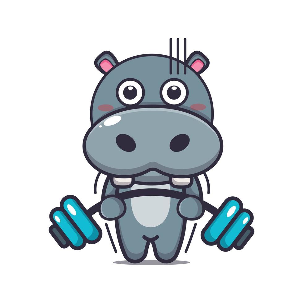 Cute hippo lifting barbell cartoon vector illustration