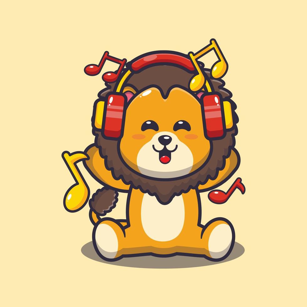 Cute lion listening music with headphone cartoon vector illustration