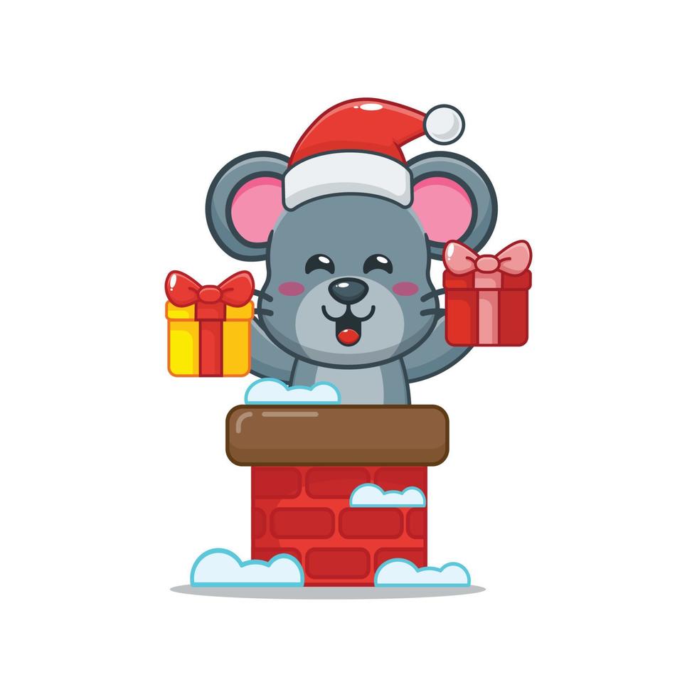 Cute mouse cartoon character with santa hat in the chimney vector