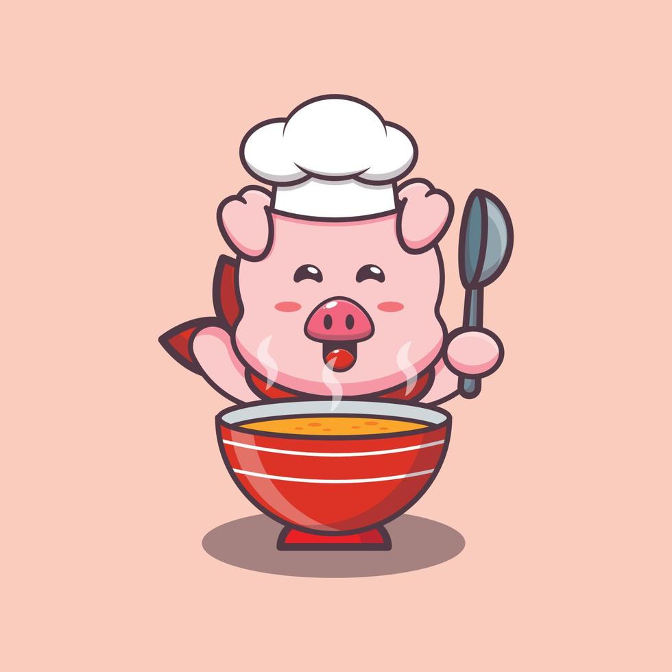 lindo personaje de dibujos animados de la mascota del chef de cerdo con sopa vector