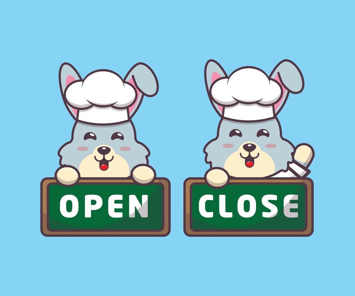 cute rabbit chef mascot cartoon character with open and close board vector