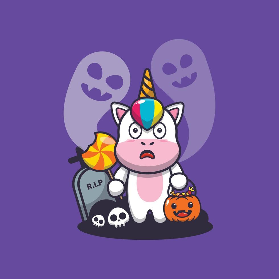 lindo personaje de dibujos animados de unicornio asustado por un fantasma en el día de halloween vector