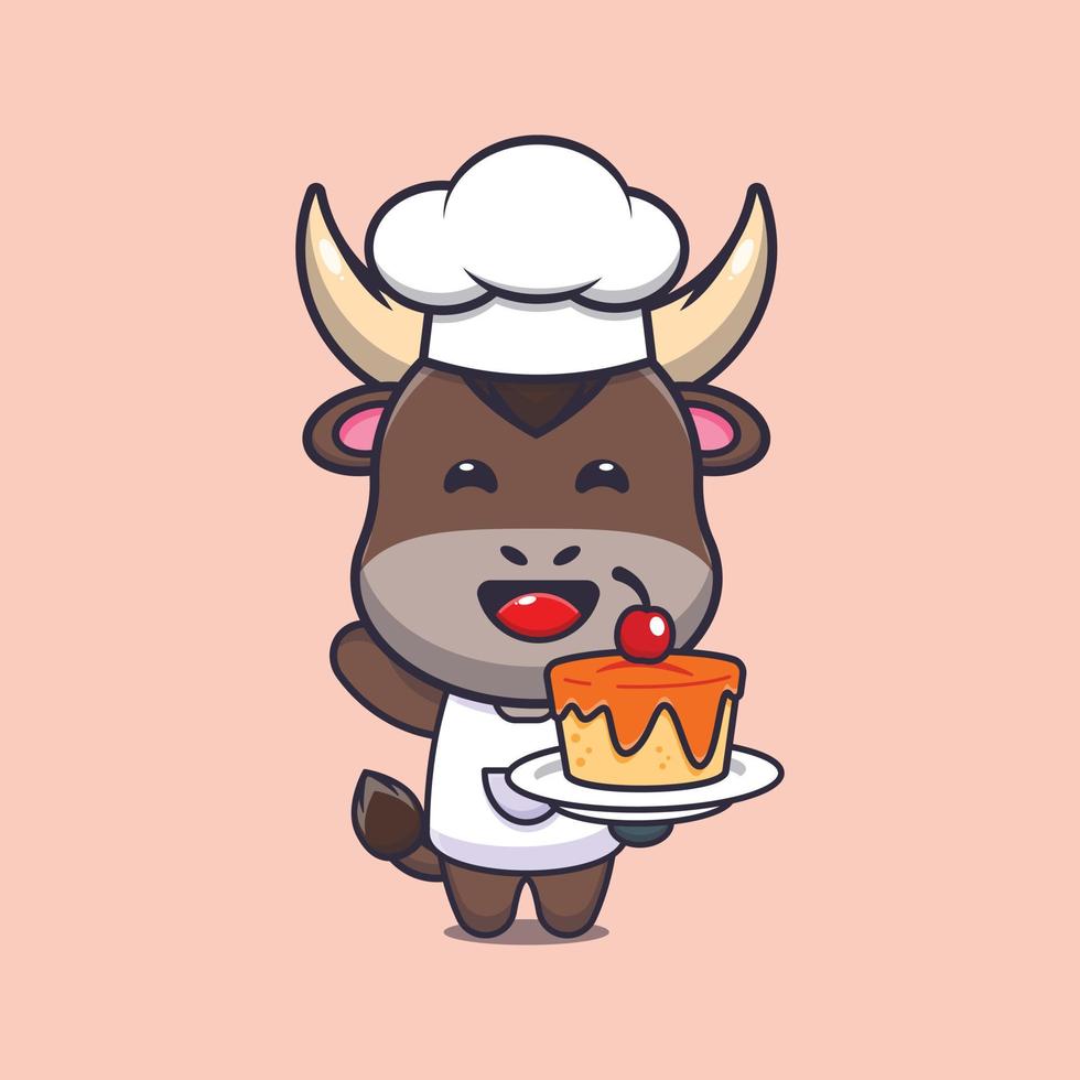 Cute bull chef mascota personaje de dibujos animados con pastel vector