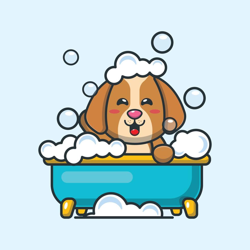 Cute dog taking bubble bath in bathtub cartoon vector illustration.