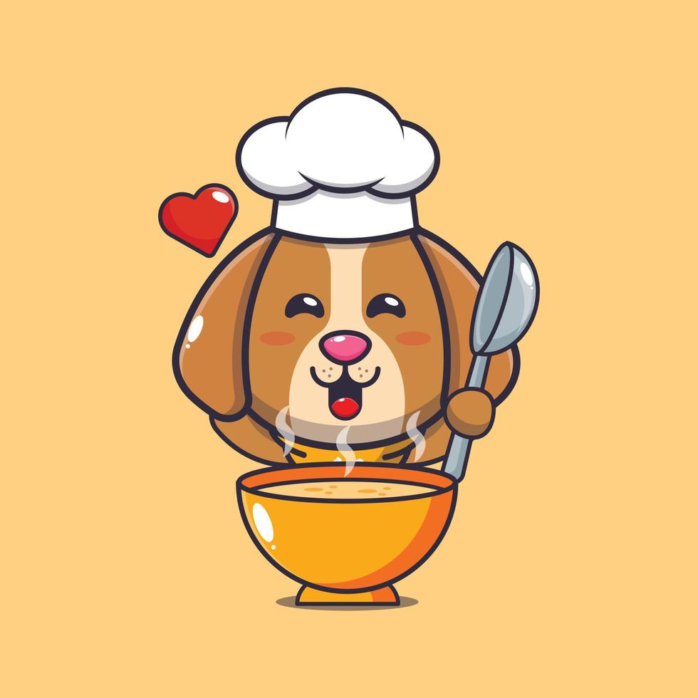 lindo perro chef mascota personaje de dibujos animados con sopa vector