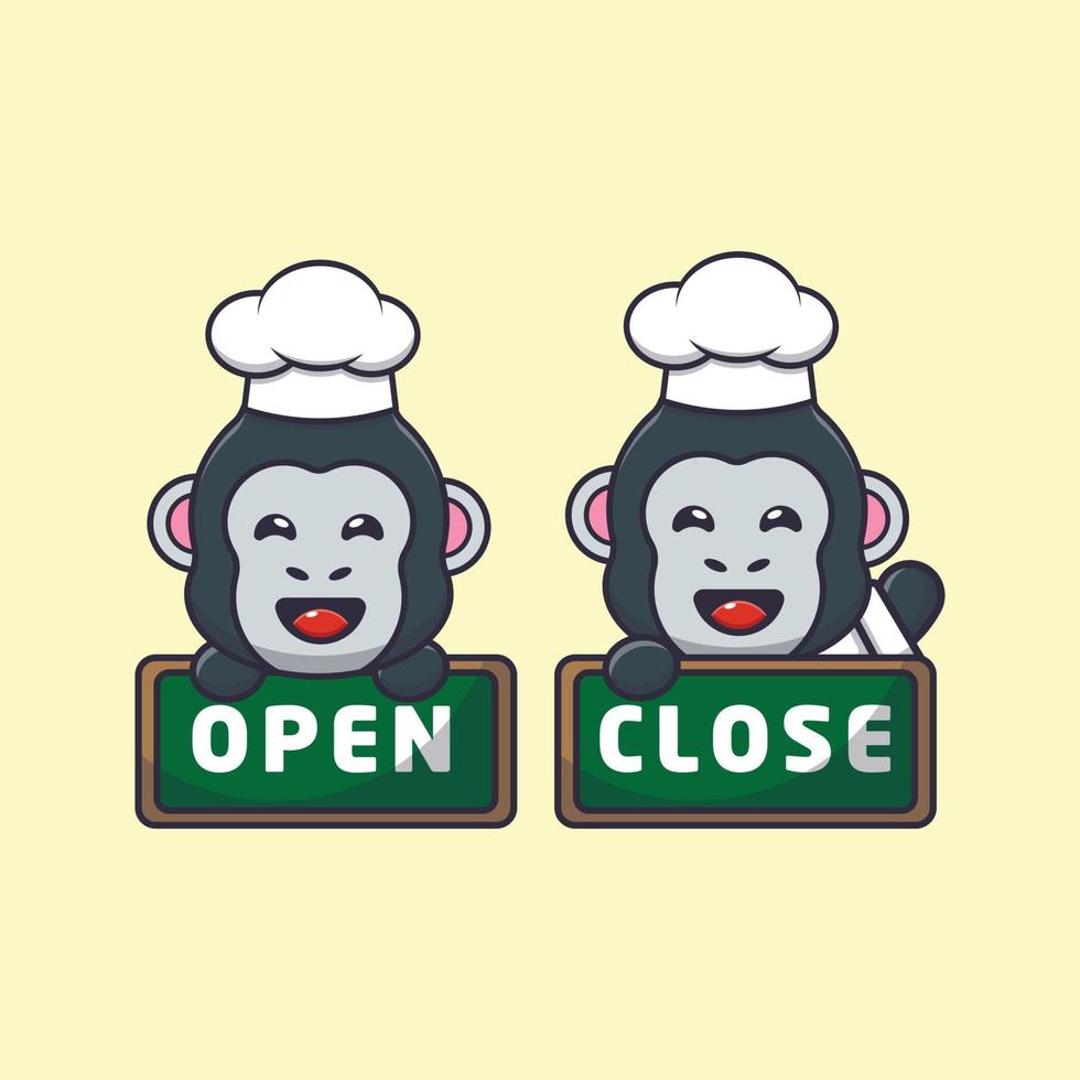 cute gorilla chef mascot cartoon character with open and close board vector