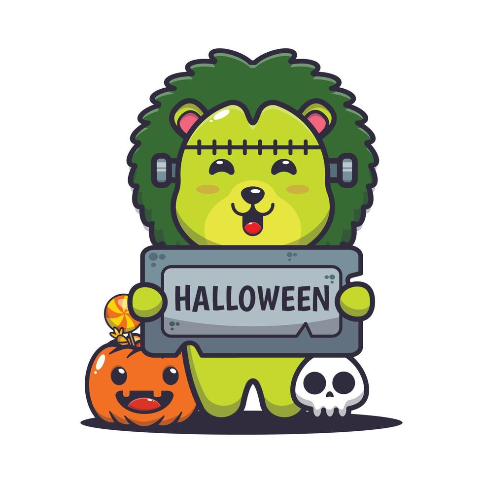 lindo personaje de dibujos animados de león zombie con piedra de saludo de halloween vector