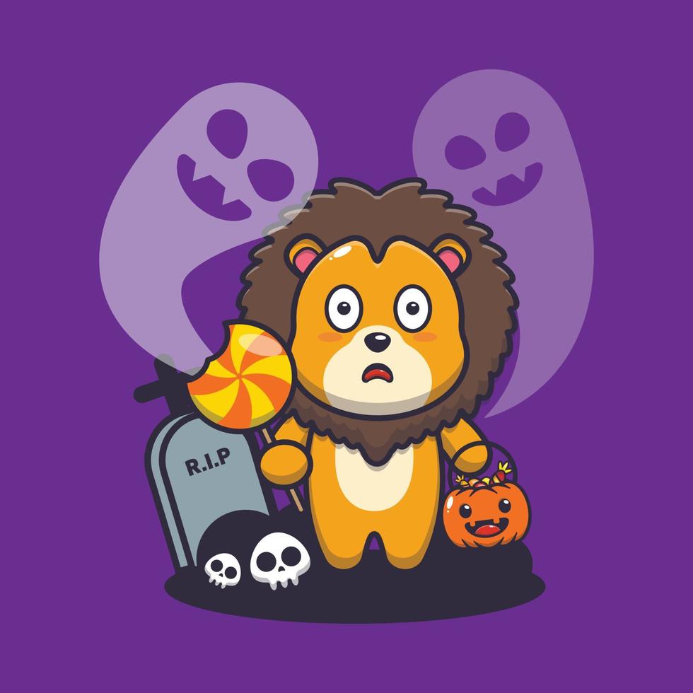 Cute lion cartoon character scared by ghost in halloween day vector