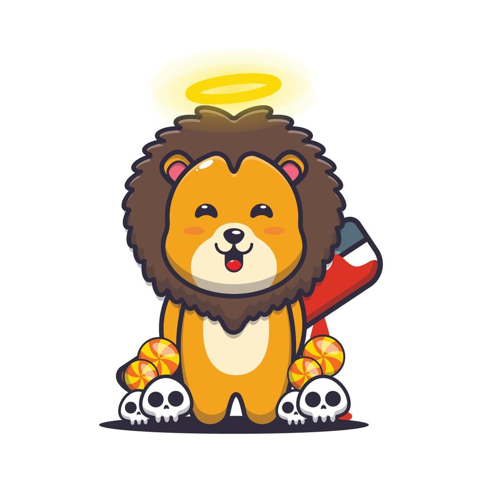 cute angel lion cartoon character holding bloody machete in halloween day vector