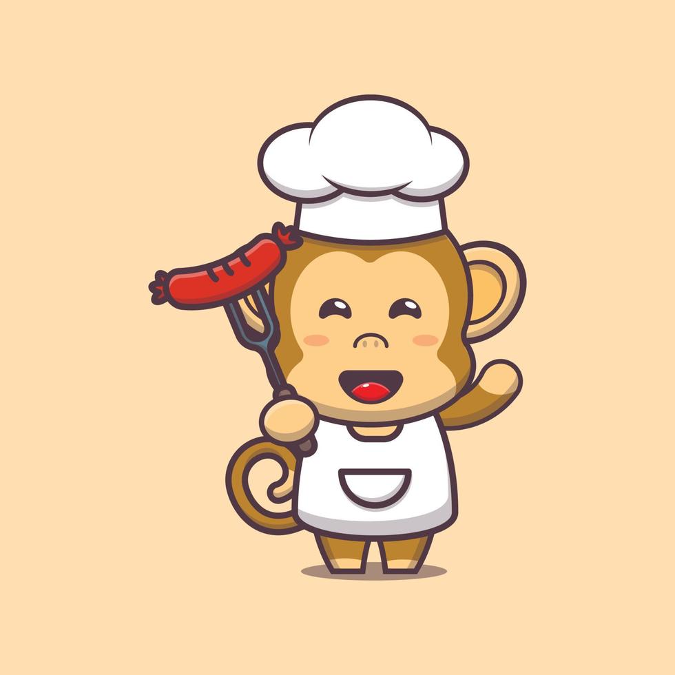 cute monkey chef mascot cartoon character with sausage vector