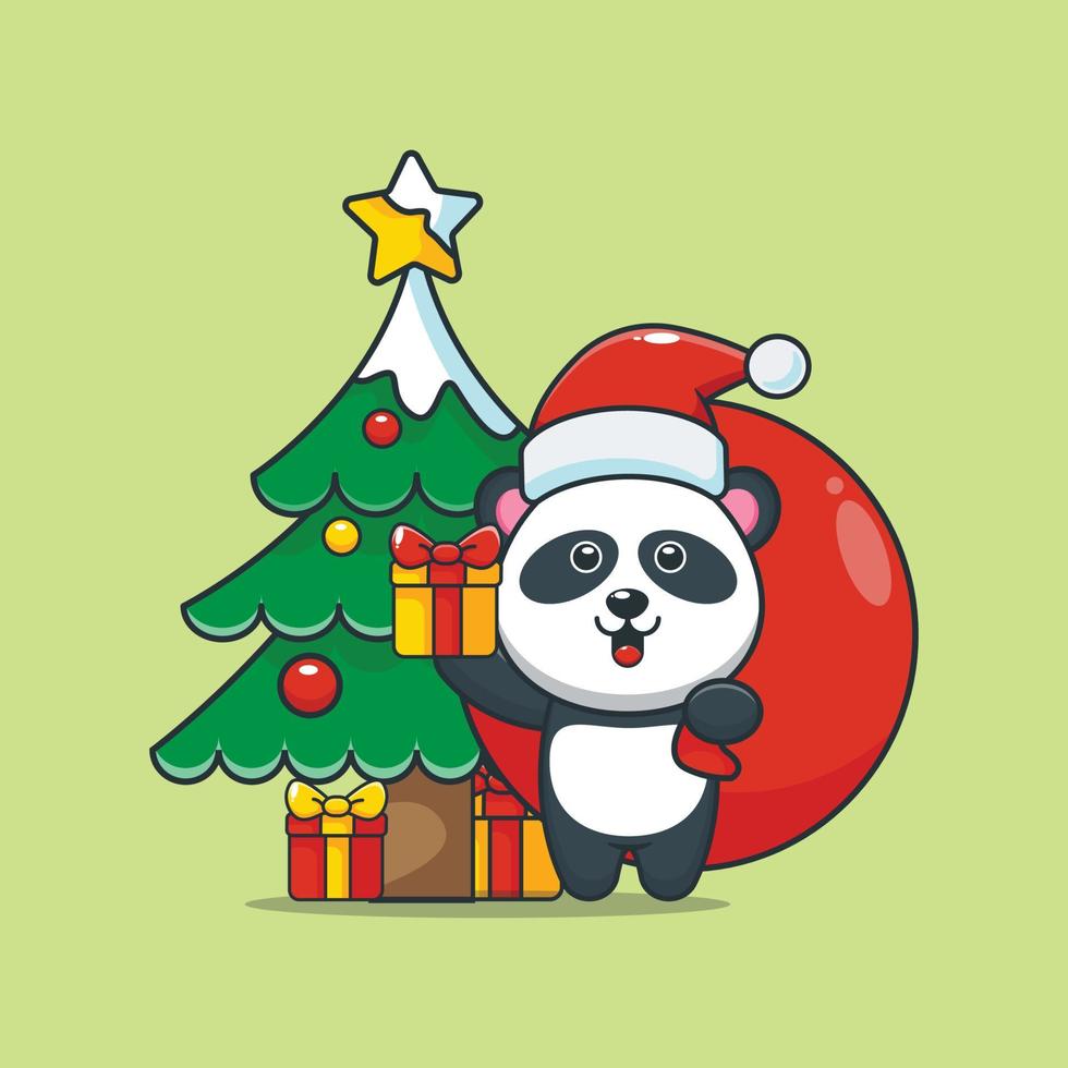 Cute panda carrying christmas gift box with bag vector