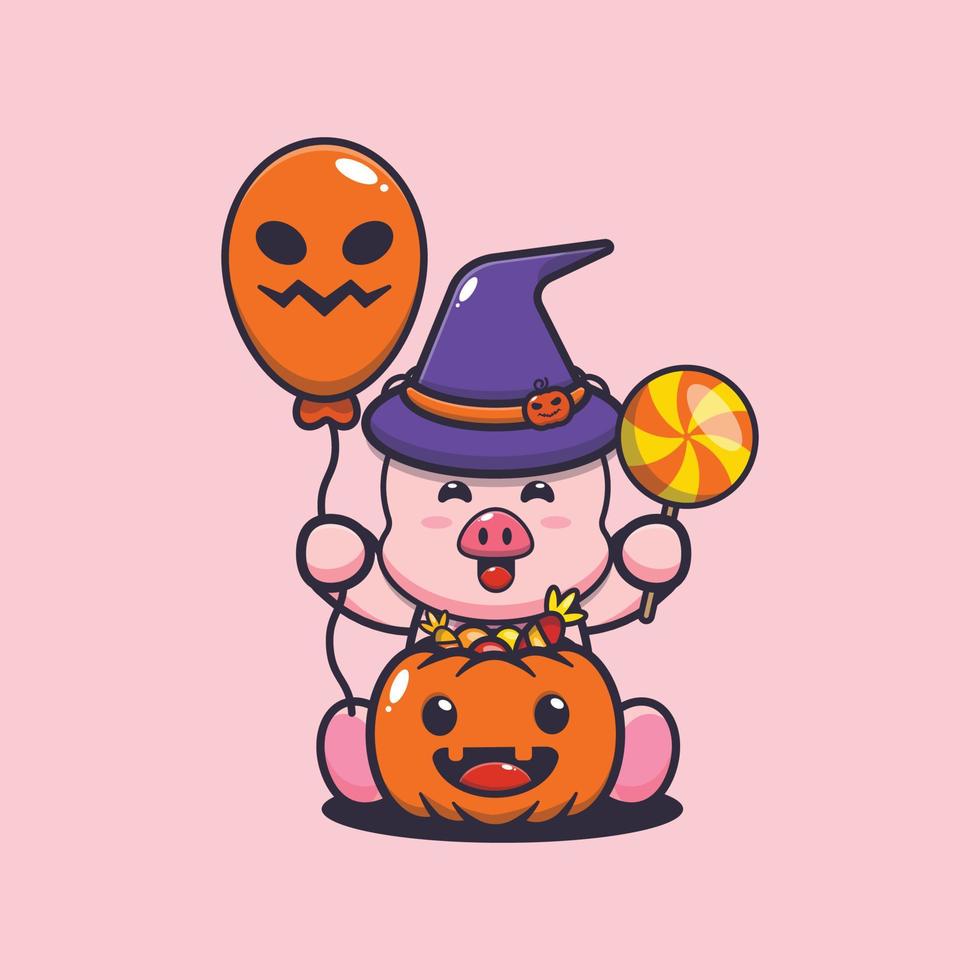 lindo cerdo con sombrero de bruja con globo de halloween y dulces vector