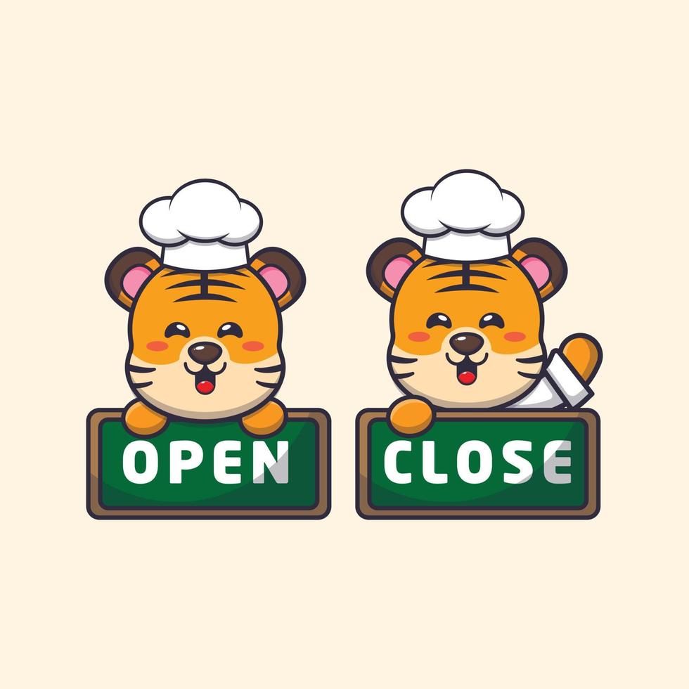 cute tiger chef mascot cartoon character with open and close board vector