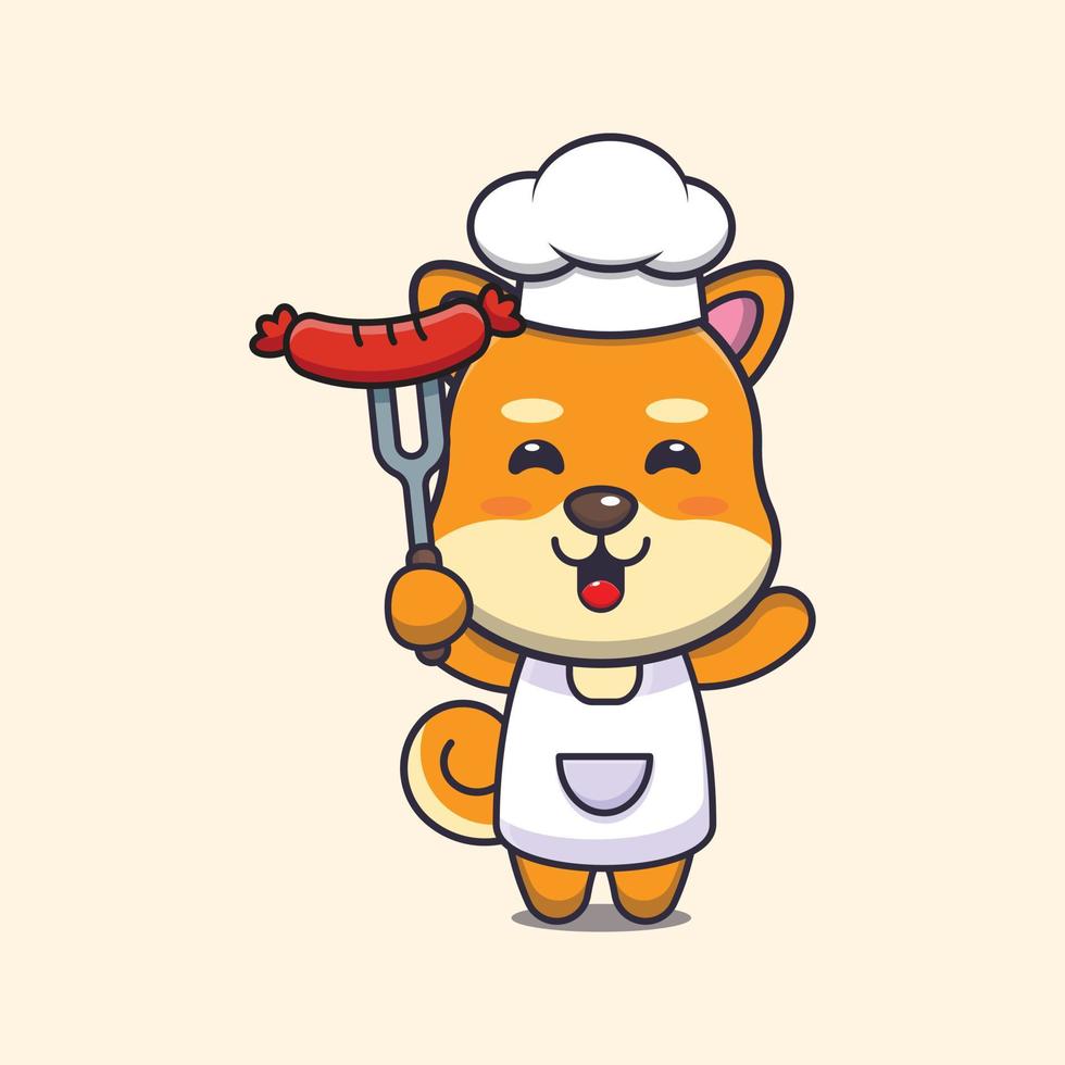 lindo shiba inu perro chef mascota personaje de dibujos animados con salchicha vector