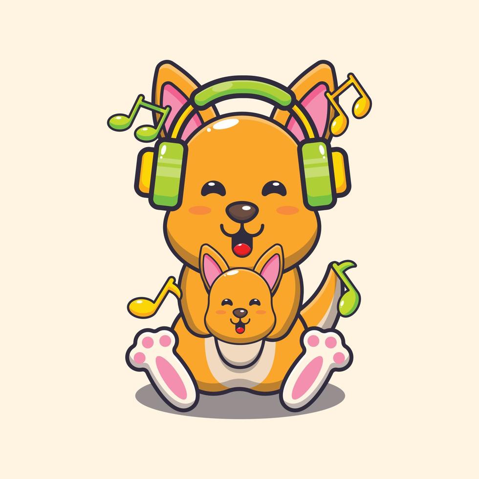 Cute kangaroo listening music with headphone cartoon vector illustration