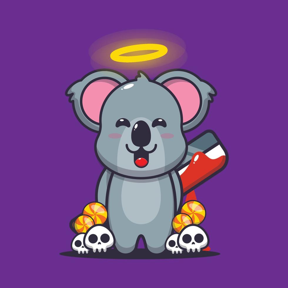 Good or bad koala cartoon character holding bloody machete in halloween day vector