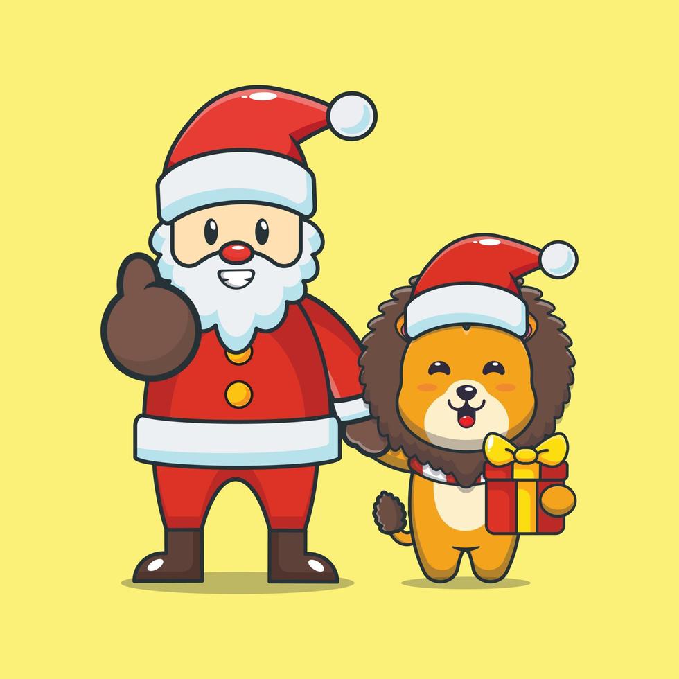 lindo personaje de dibujos animados de león con santa claus vector