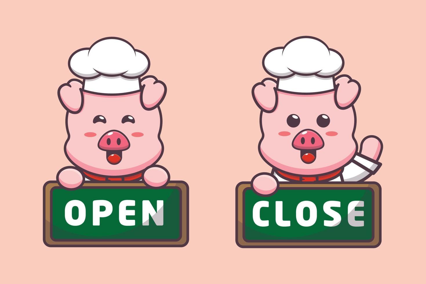 cute pig chef mascot cartoon character with open and close board vector