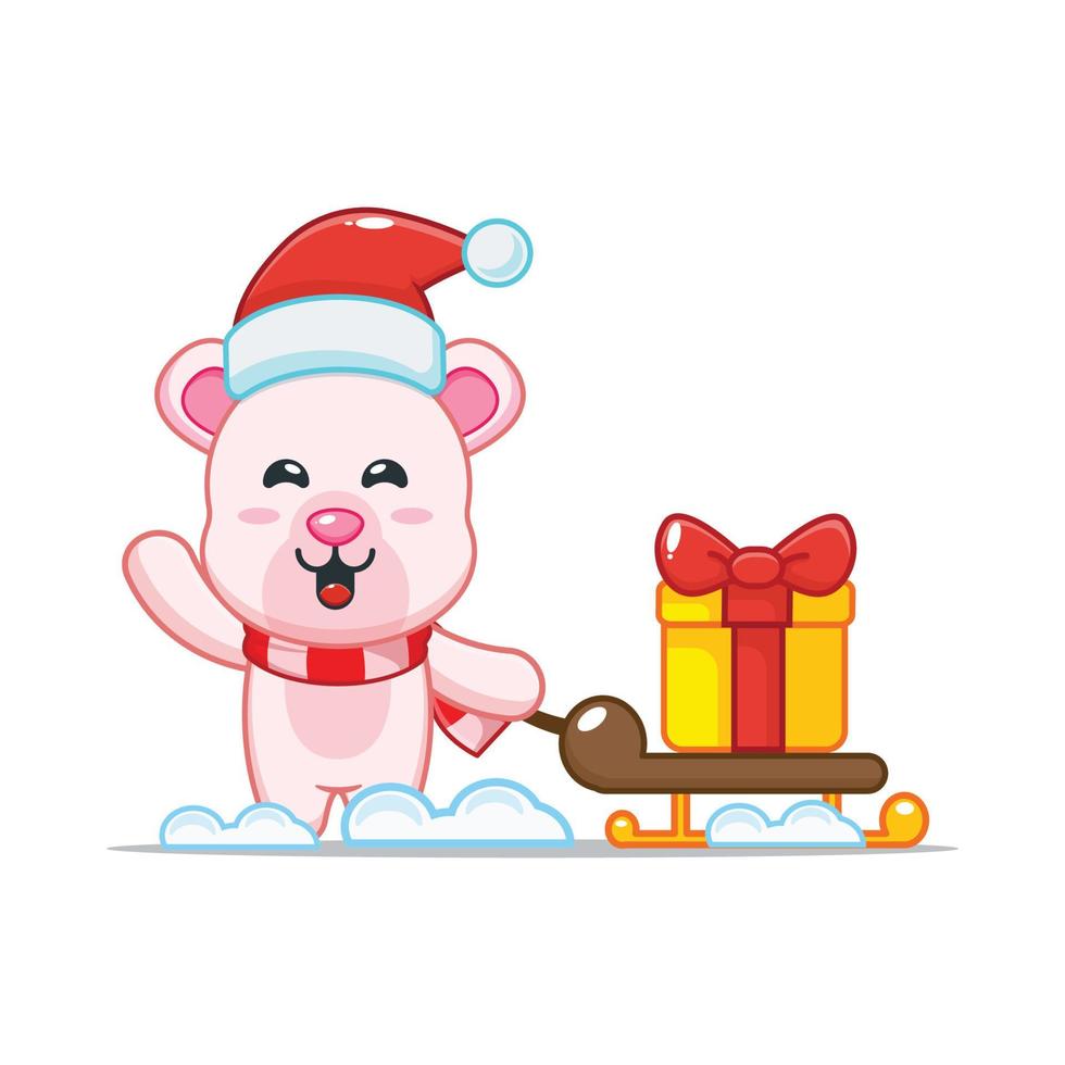 lindo personaje de dibujos animados de oso polar con caja de regalo de navidad vector