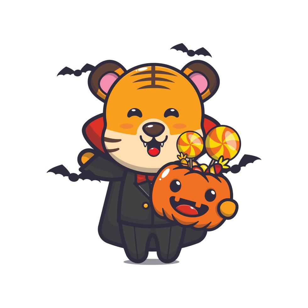 Cute tiger wearing vampire costume holding halloween pumpkin vector