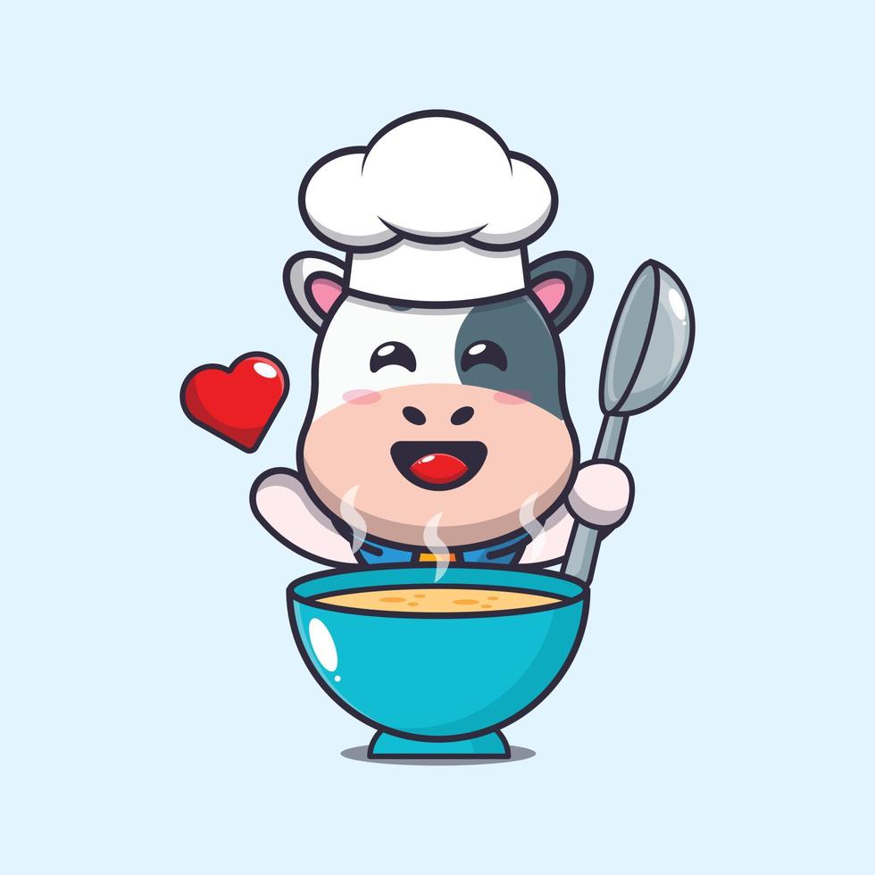 lindo personaje de dibujos animados de la mascota del chef de vaca con sopa vector