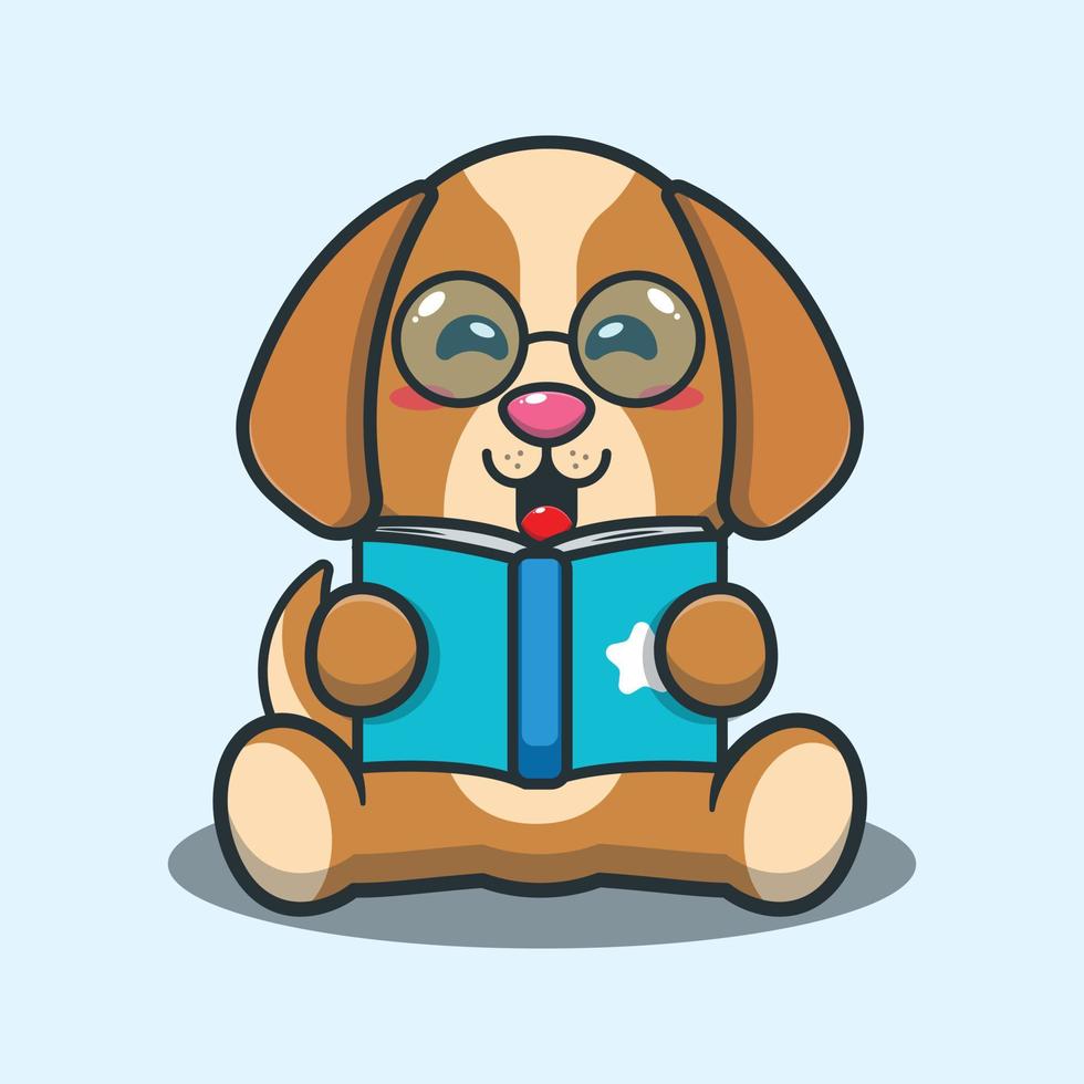 Cute dog reading a book cartoon vector illustration.