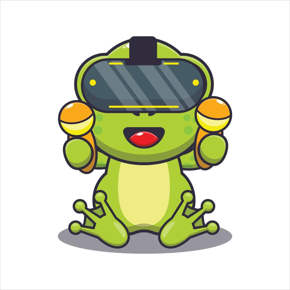 Cute frog playing virtual reality cartoon vector illustration