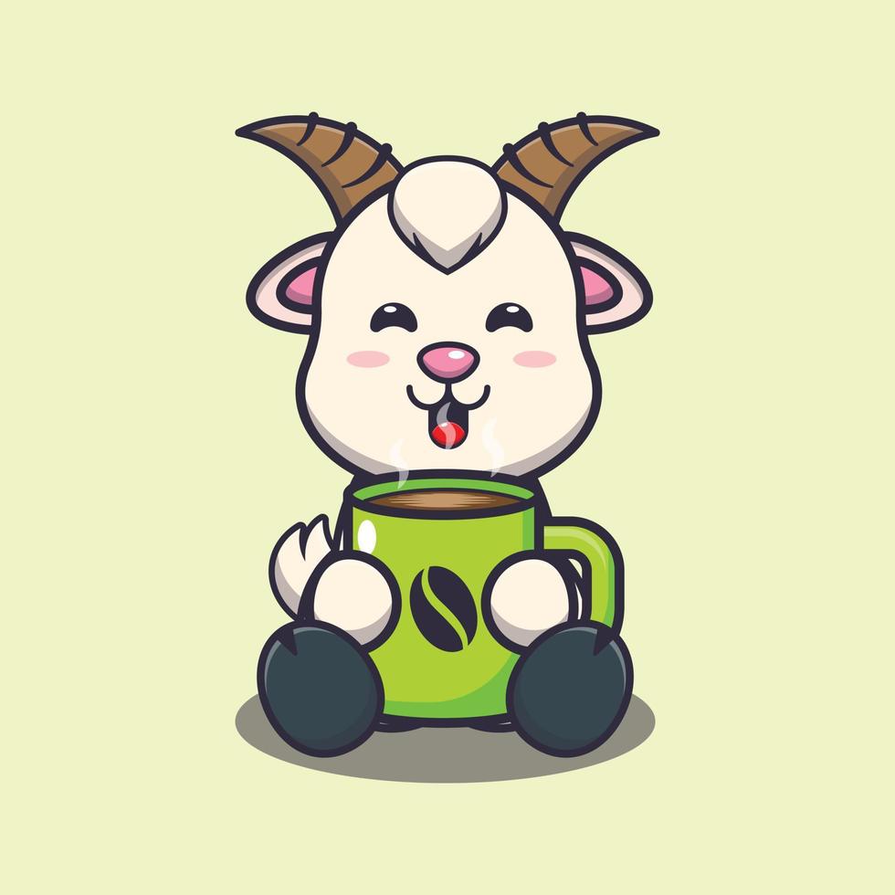 Cute goat with hot coffee cartoon vector illustration