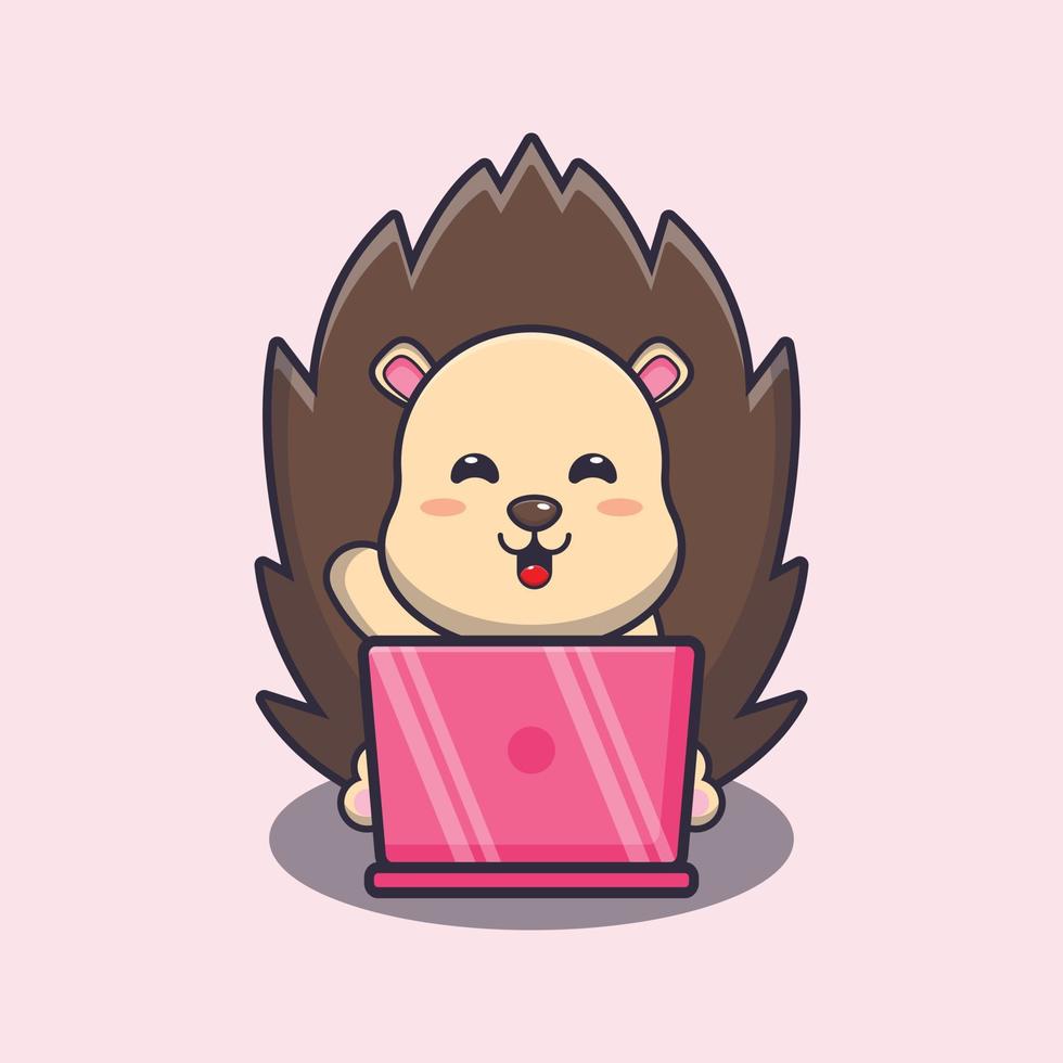 Cute hedgehog with laptop cartoon vector illustration