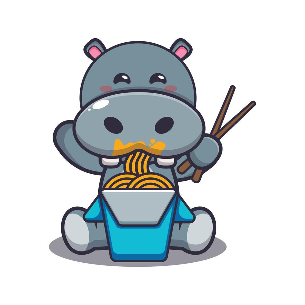 Cute hippo eating noodle cartoon vector illustration