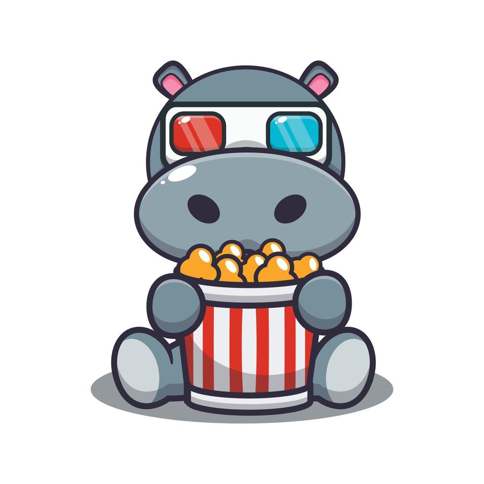 Cute hippo eating popcorn and watch 3d movie vector