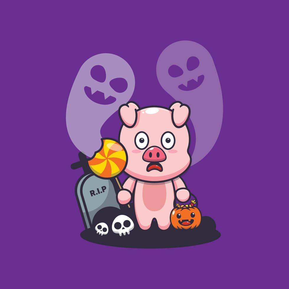 Cute pig cartoon character scared by ghost in halloween day vector