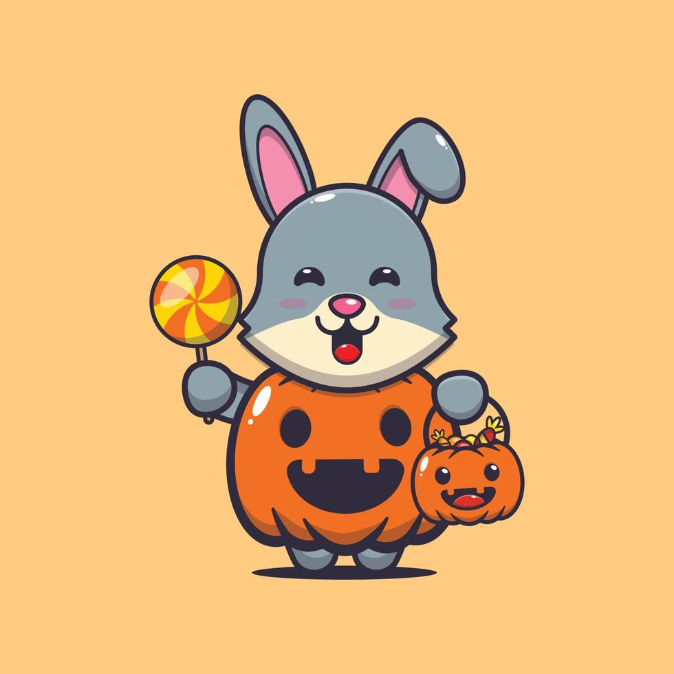 Cute rabbit cartoon character with halloween pumpkin costume vector