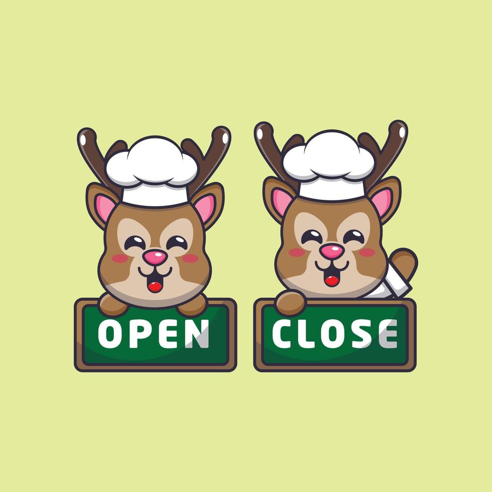 cute deer chef mascot cartoon character with open and close board vector