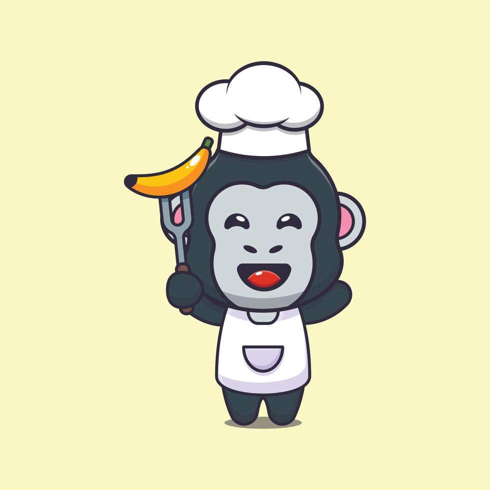 lindo personaje de dibujos animados de la mascota del chef gorila con plátano vector