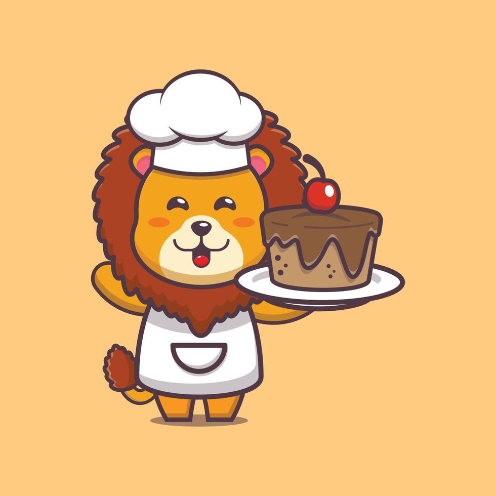cute lion chef mascot cartoon character with cake vector