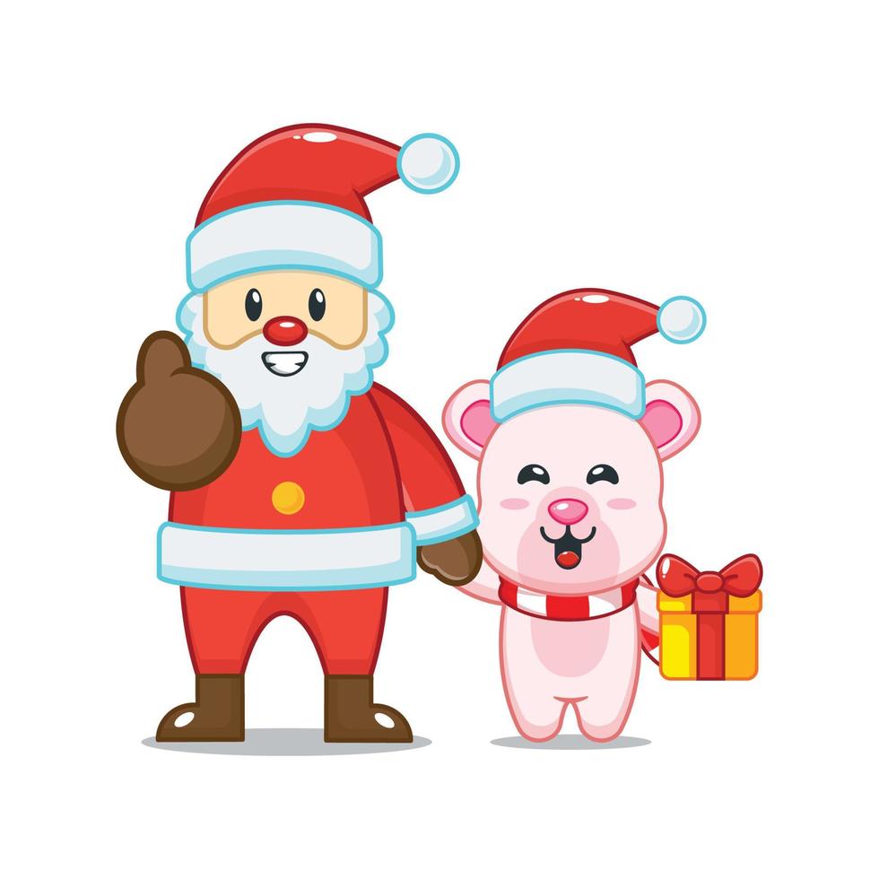 lindo personaje de dibujos animados de oso polar con santa claus vector