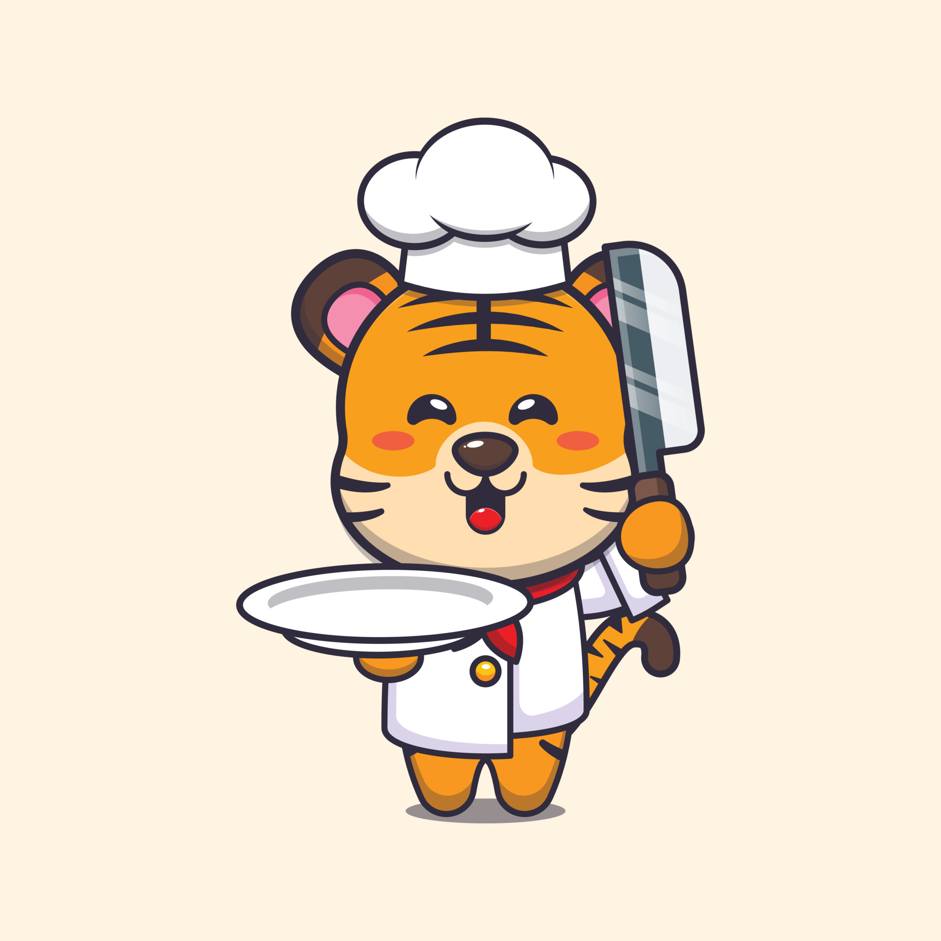cute tiger chef mascot cartoon character with knife and plate 6595101
