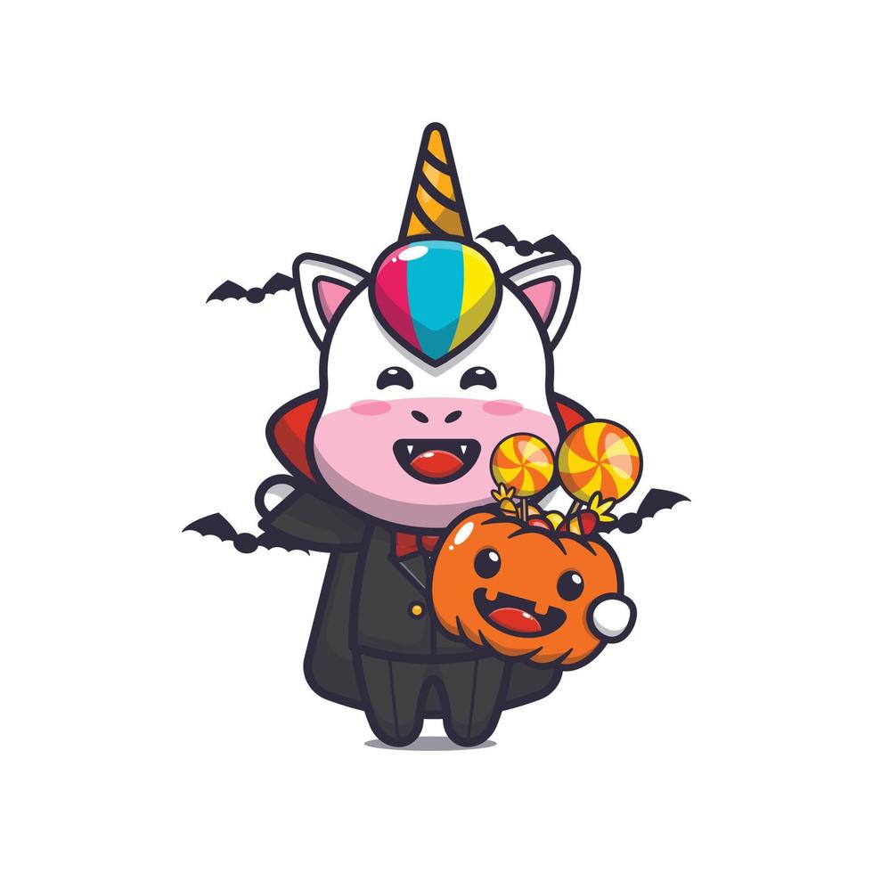 Cute unicorn wearing vampire costume holding halloween pumpkin vector