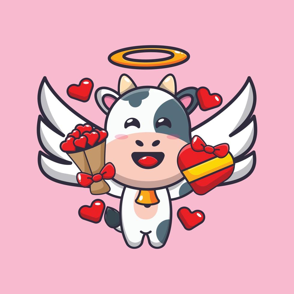 lindo personaje de dibujos animados de cupido de vaca con regalo de amor y ramo de amor vector