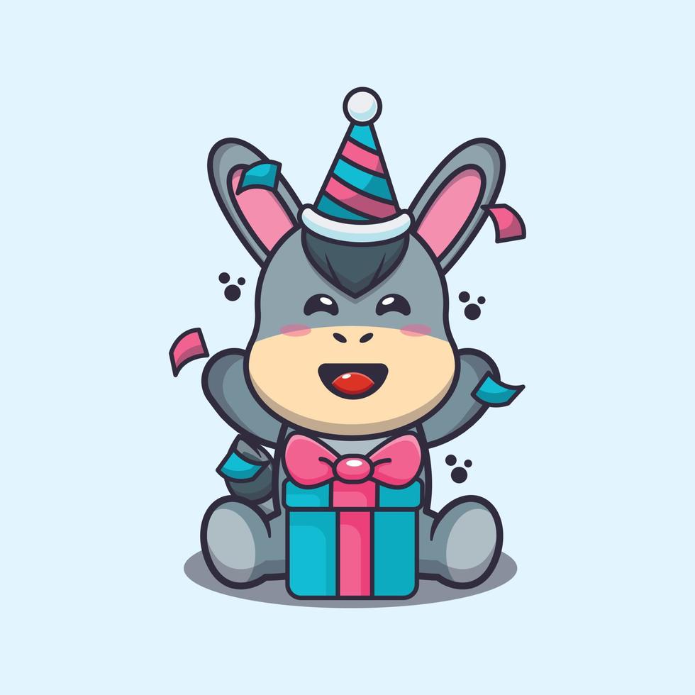 burro lindo en la ilustración de vector de dibujos animados de fiesta de cumpleaños