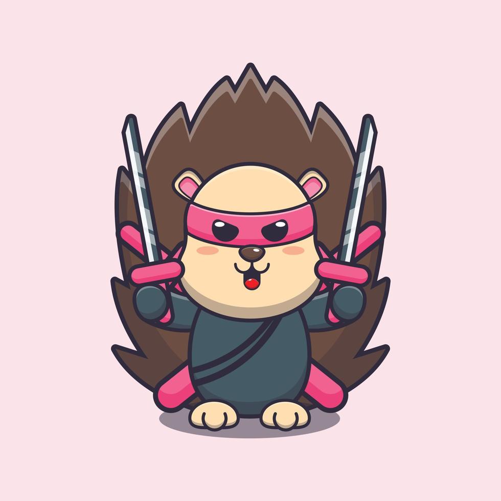 Cute hedgehog ninja cartoon vector illustration