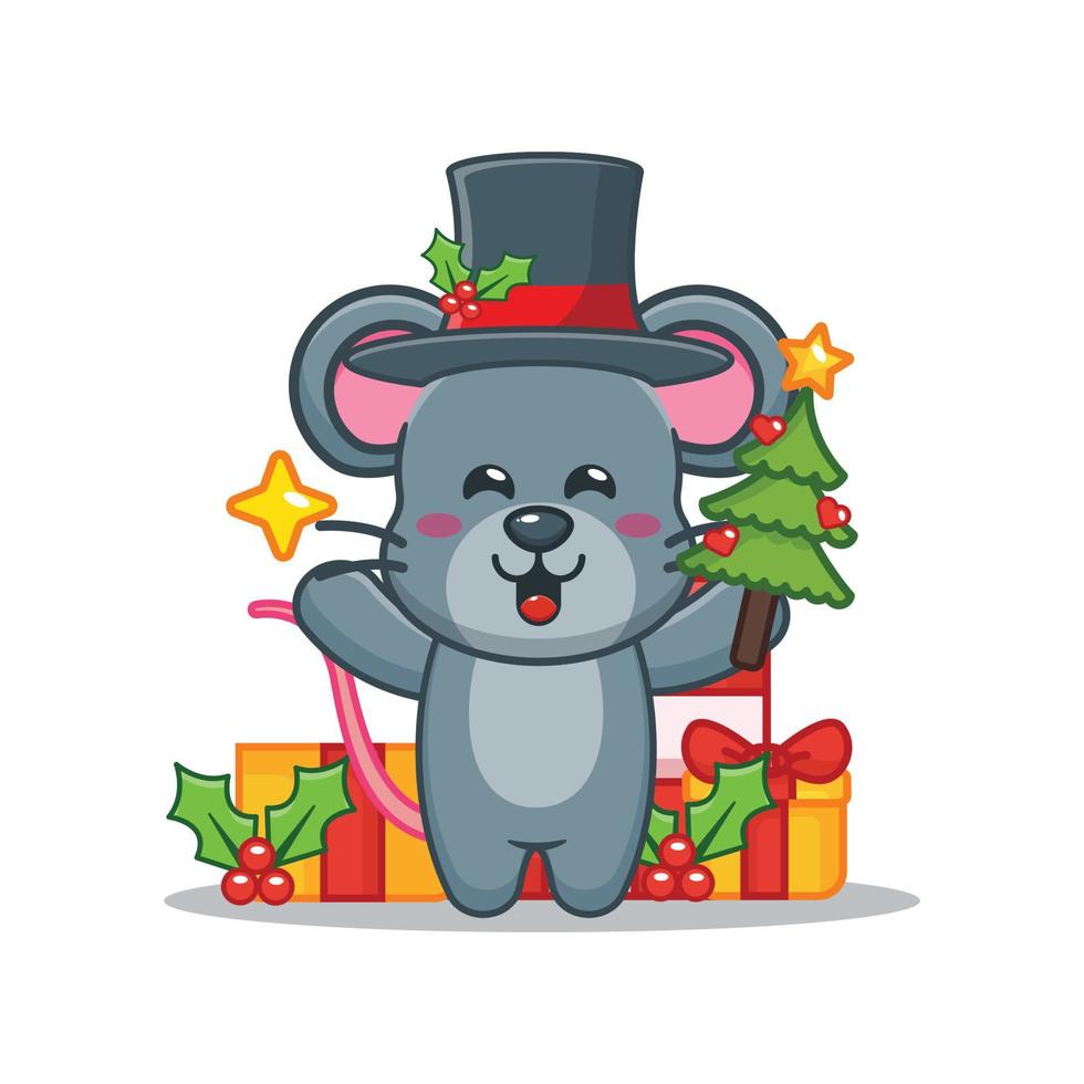 lindo ratón sosteniendo estrella y árbol de navidad vector