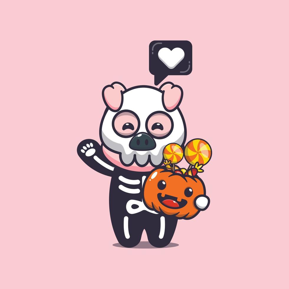 Cute pig with skeleton costume holding halloween pumpkin vector