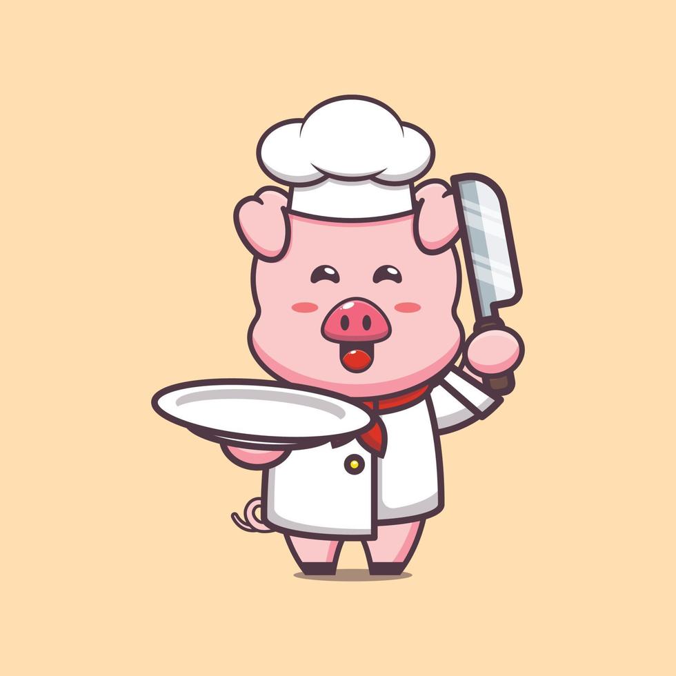 cute pig chef mascot cartoon character with knife and plate vector